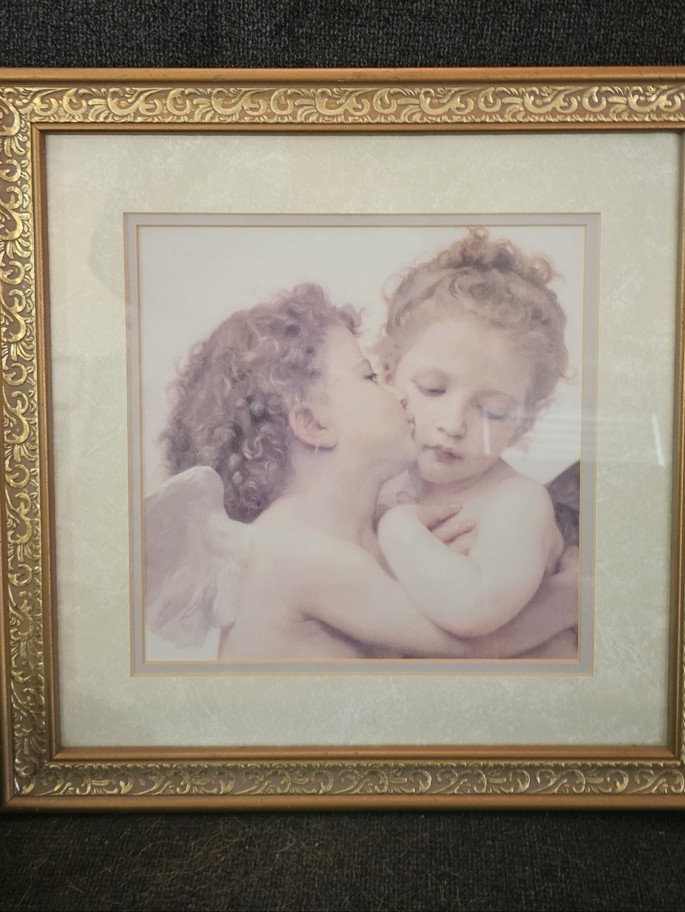 First Kiss by William Bouguereau Cherub/Butterfly Matted Art Print In Gold Frame